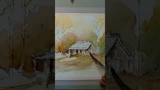 Watercolor landscape with cottage in Autumn. #watercolorartistry #painting #art