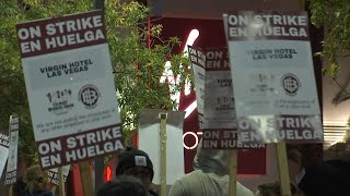 Las Vegas Strip hotel workers picket in solidarity with Virgin Hotels strike