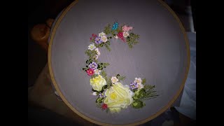 #Hand embroidery# Monogram Alphabet "C" with satin ribbon flowers #Ribbon work embroidery.