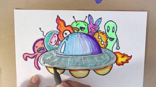 Dibujando un ovni con extraterrestres muy coloridos.