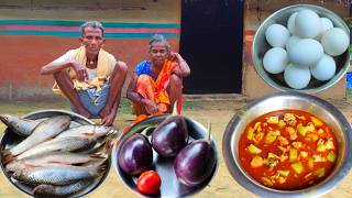 rural old grandma cooking FISH with EGG curry || cooking BRINJAL with CABBAGE curry and eating