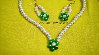 flower beaded necklace with earrings for beginners|طريقه عمل عقد ورد وحلق بالخرز للمبتدئين