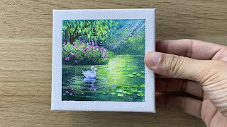 Tiny Art / Swan Pair in the Lake Acrylic Painting