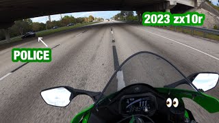 Passing the police doing 100+ while cutting up traffic 2023 zx10r