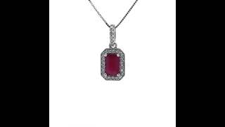 0.72 Carat Emerald Cut Ruby & Diamond Drop Pendant Necklace in 14k White Gold