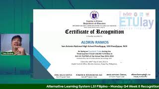 Alternative Learning System LS1 Filipino  - Monday Q4 Week 8 Recognition Week #ETUlayLevelUp