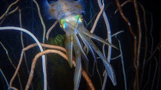 Кальмар охотится ночью | Squid hunts among Whip Corals | Night Diving in Koh Chang, Thailand