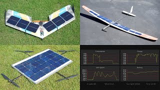 Solar powered drones: flying wing, multicopter, glider