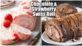 Chocolate 🍫 & Strawberry 🍓 Swiss Roll Cake | New Year Special Cake Recipe | No oven Swiss Roll Cake