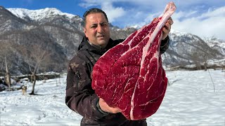 Frying Juicy Beef Leg in a Hot Oil! Cooking al Fresco in the Mountains