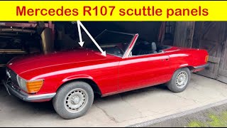 Mercedes R107 scuttle panels - check for corrosion. Tips on fitting rear shocks and front grill.