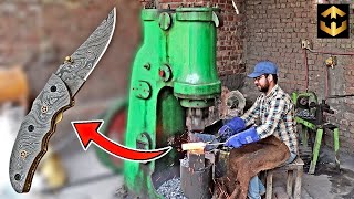 How to make Damascus Pocket Folding Knife | Blacksmith Forged with Hammer Machine