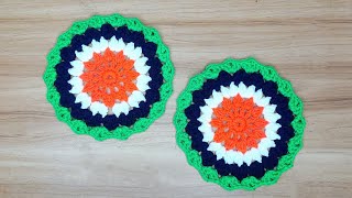 How to Crochet a Beautiful Flat Round Coaster with Multicolored Yarn | Easy Crochet Coaster Tutorial