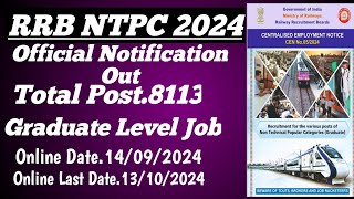 RRB NTPC.Official Notification Out Total Post=8113 Graduate Level Job