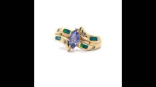 Marquise Tanzanite, Bezel Diamond & Opal Inlay Bypass Ring in 14k Yellow Gold