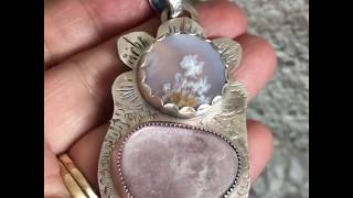 Cherry Blossoms Handmade Pendant: Flower Agate and Pink Lepidolite set in  925 Silver