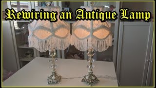 How to REWIRE and replace a SOCKET on a Antique Vintage LAMP add a HARP and a FINIAL  DIY EASY