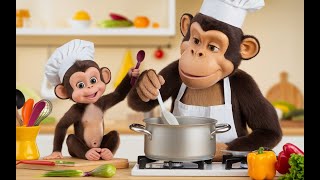 Baby monkey helps Dad cook