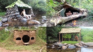 Primitive Technology: Build Stone Hut, House in the Trunk, Hobbit House, Tiled Roof Hut