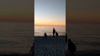 夕暮れの黒海ビーチは、犬も人も沢山訪れる。The Black Sea beach at dusk is visited by many dogs and people.