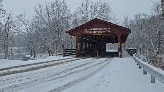 Relax in the Snow: Snow Falling in the Forest with a Covered Bridge