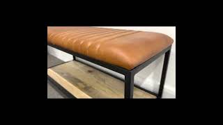 Industrial Vintage Brown Leather Bench With Wooden Shelf