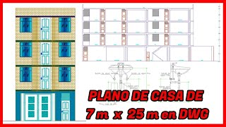 Plano de Vivienda Unifamiliar de 7 x 25 m en DWG