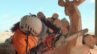 Chainsaw carving a giraffe