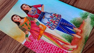 Fashion Illustration#16 How to draw a ethnic wear dresses | Dhoti kurti for Navratri | Braided art