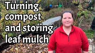 Turning compost and preparing leaf mulch.