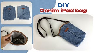 how to make denim iPad bag from scrap old jeans ,sewing sling bag for iPad with case