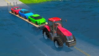 Car Rescue By Fully Loaded Faltbed Carrying Tractor Crossing Deep Water Flooded River - BeamNG.Drive