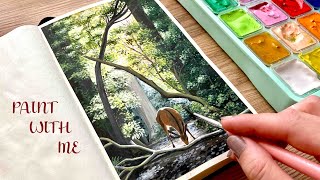 Forest Landscape Painting With Jelly Gouache / Paint With Me  🌿