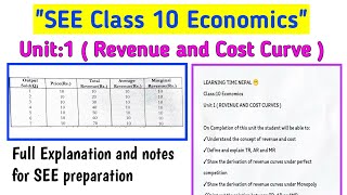 Class 10 economics unit 1 ( Revenue and cost curve ) full Explanation with notes for see preparation