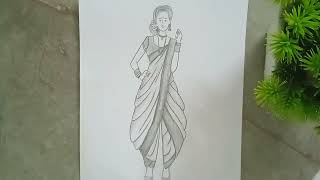 simple nauvari saree girl drawing // easy girl Maharashtra  traditional nauvari  saree drawing  👗🙂