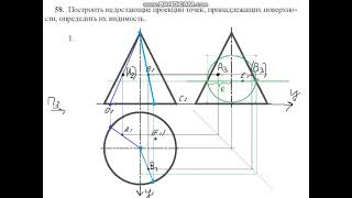 58.1. Построить недостающие проекции точек, принадлежащих поверхности, определить их видимость.