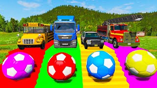 4 COLOR MONSTER TRUCKS PENALTY KICKS vs Big & Small: McQueens vs Thomas Trains - BeamNG Drive