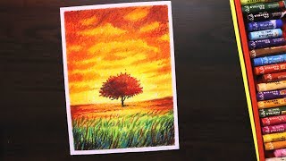 Oil Pastel drawing for Beginners | Scenery drawing of beautiful sunset and Tree