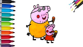 Coloring Pepa Pig Eating Ice Cream With Dad | Wahyu Art