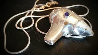 Fine silver ocarina pendant with dark blue cubic zirconia and silver chain - Playable metal flute