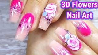 Feminine and Elegant 3D Flowers Nail Art  |  3D Flowers Nails |  Acrylic Nails with 3D Flowers