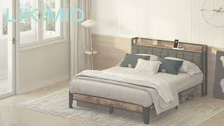 LIKIMIO Bed Frames with Storage Headboard & Charging Station