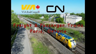 CN & VIA Rail Canada trains passing Paris, Ontario, Canada ~ May 19, 2024