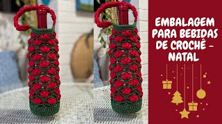 Bolsa de crochê para vinhos para o Natal - Embalagem - Ponto floral