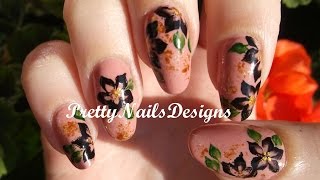 Black One Stroke Flowers on Nude Polish Nail Art