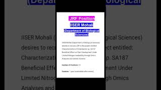 JRF Vacancy#IISER Mohali#Dept of Biological Sciences#Junior Research Fellow#researchproject