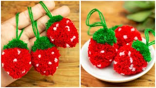 strawberry pom pom - how to make yarn / wool strawberry step by step - yarn strawberry tutorial