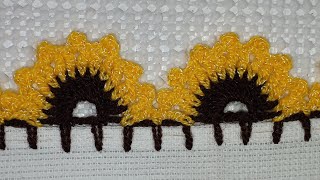 Puntilla #64 🌻Girasoles, Orilla para servilleta tejida a gancho de 2 vueltas muy facil de realizar.