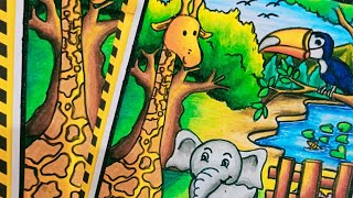 Menggambar dan mewarnai pemandangan kebun binatang jerapah Gajah tupai burung dengan crayon joyko