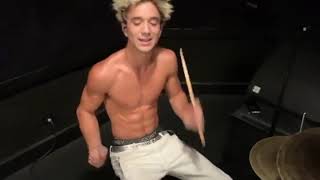 Daniel playing 'Fallin' on drums (shirtless)